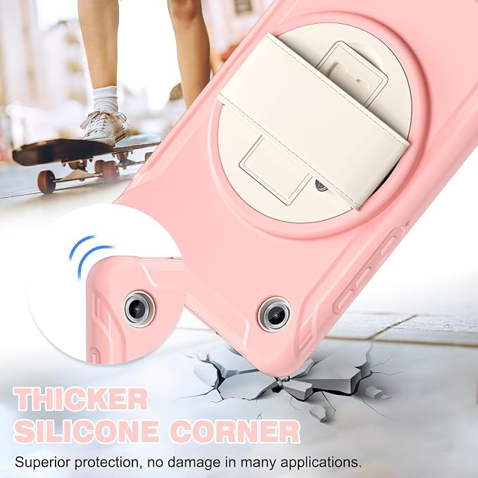 for Samsung Galaxy Tab A11 (2025) 8.7 inch Case 5G with Screen Protector, Hand Strap, Pen Holder & 360° Rotating Stand,Shockproof Protective Cover for SM-X130/X133/X135 (Pink)