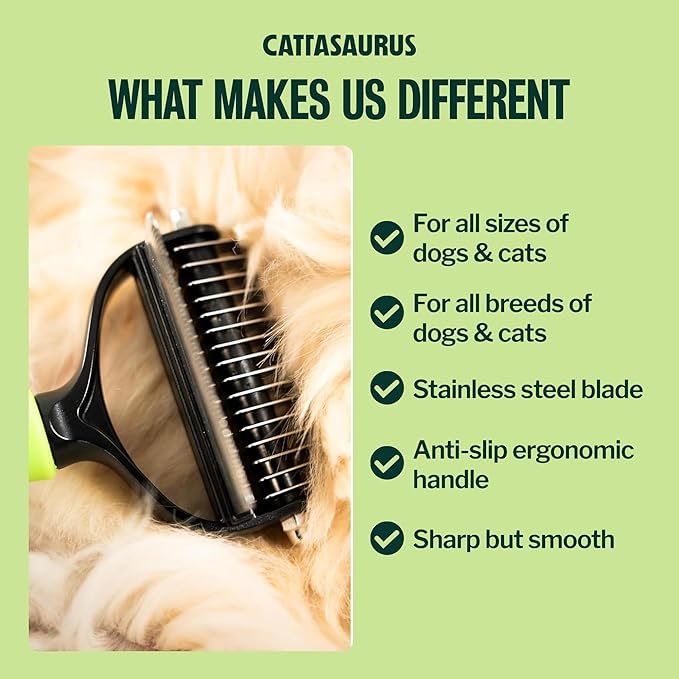 CATTASAURUS Cats & Dogs Grooming Brush for Shedding - 2 in 1 Deshedding Tool and Undercoat Rake for Long and Short Haired Dogs with Double Coat - Dematting Comb and Pet Hair Deshedder Supplies