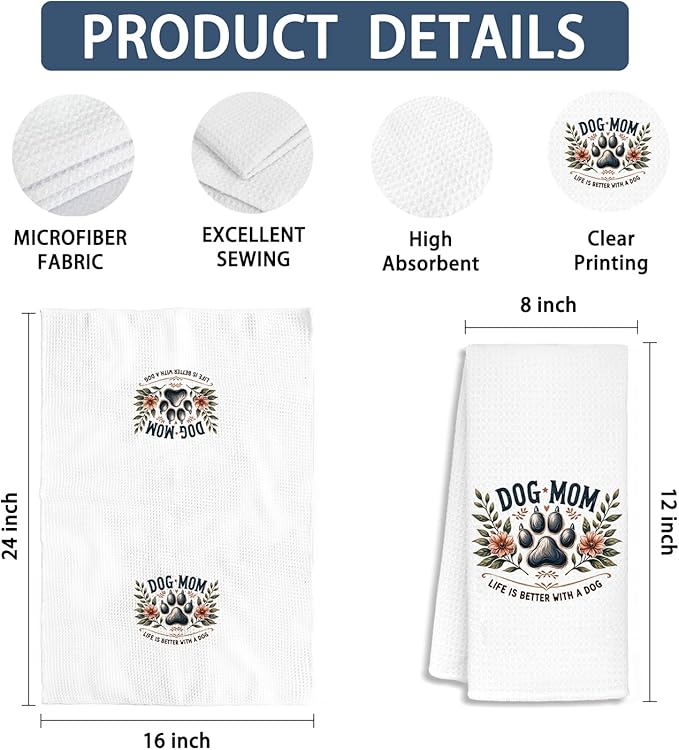 Dog Mom Bathroom Towels, Dog Mom Gifts for Women Dish Tea Towels, Pet Lover Gifts, Floral Puppy Paws Decorative Hand Towels for Kitchen Bathroom Decor, 16x24 Inch