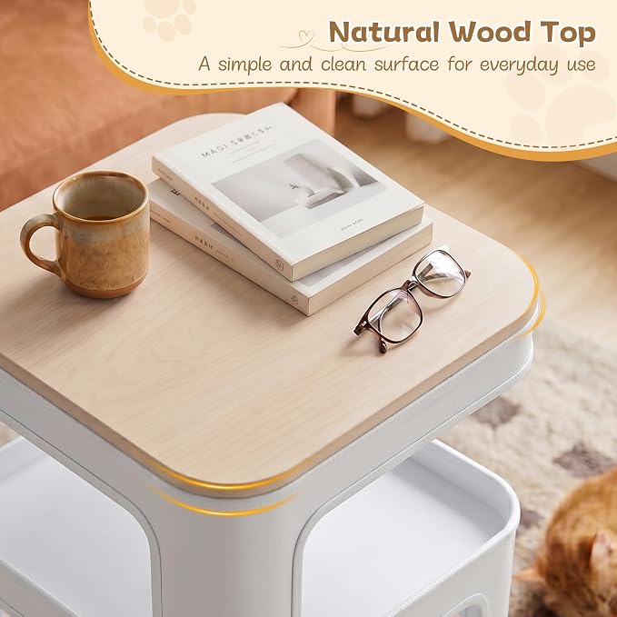EUREKA ERGONOMIC Side Table Cat Beds, Square End Table with Cat House, Metal Nightstand with 3 Tier Storage, Modern Side Table End Beside Table for Living Room Bedroom Indoor, Easy Assembly, White