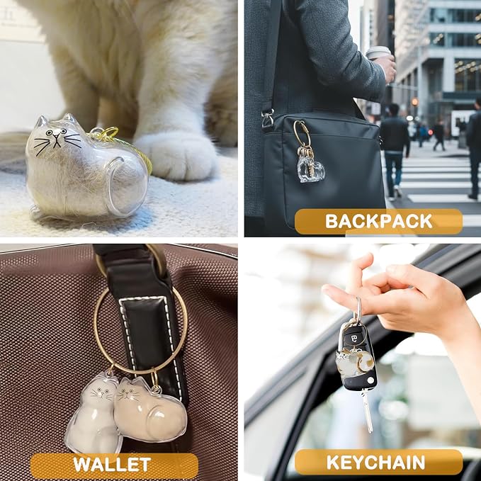 Cute Cat Hair Keychain Transparent Pet Fur Keepsake with Tweezer | Portable Cat Fur Keychain DIY Pet Hair Memorial Keepsake Cats Hairs Collector Charm Storage Box, Cats Lover Collecting Gifts