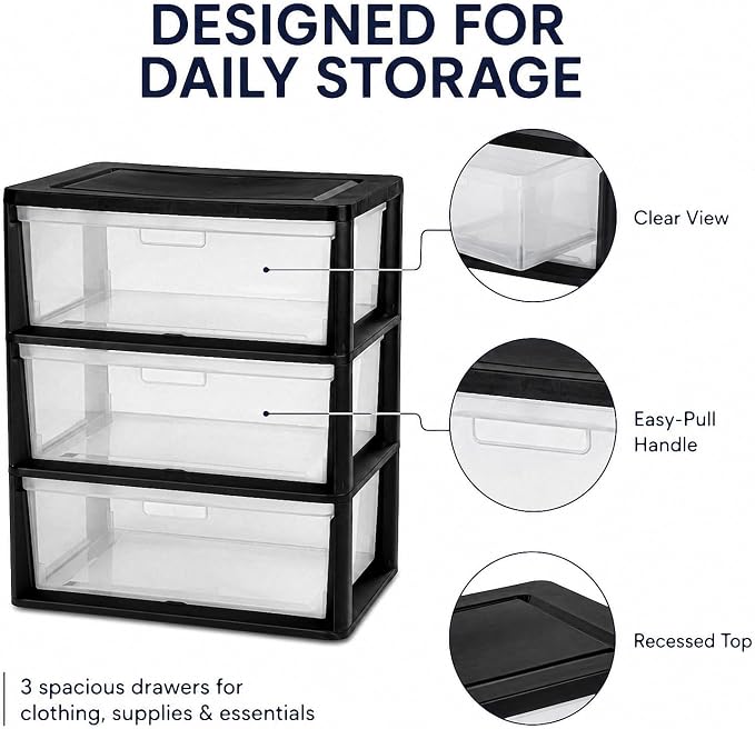 3 Drawer Plastic Storage Tower Wide Organizer for Closet Bedroom (Black) | Stackable wide drawers for clothes, toys and crafts. Durable see-through plastic provides quick visibility.