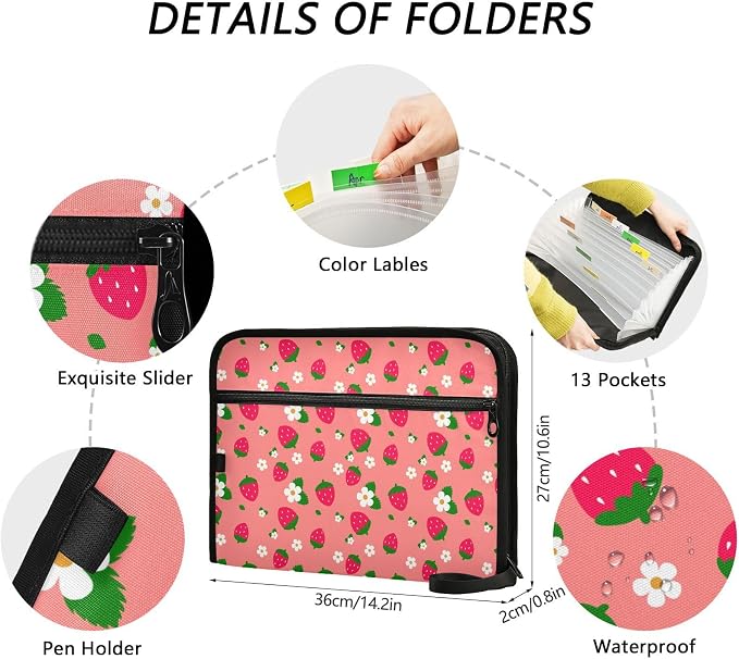 13 Pocket Zipper Expanding File Folder A4 Cute Strawberry Flower | Accordion File Organizer with Front Pouch A4 Letter Size Portable Folders for Documents Receipt School Office Supplies