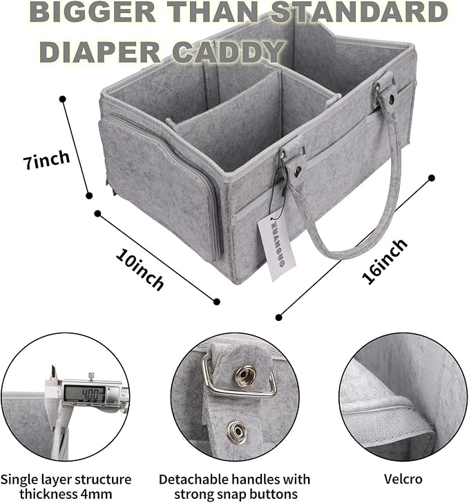 XUANGUO Large Baby Diaper Caddy Organizer, Felt Basket with Handles, Grey | Nursery storage bin with dividers; portable tote bag for baby stuff, changing table or car, baby shower and registry gifts.