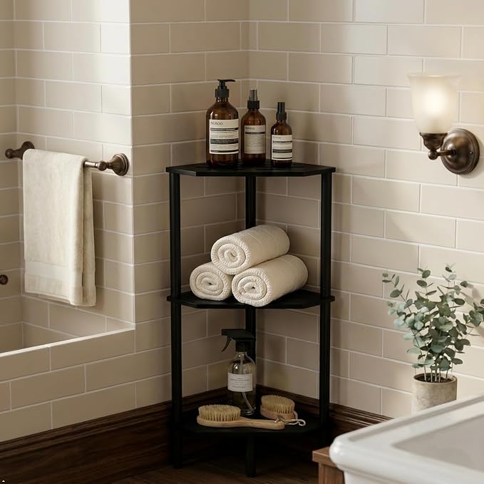 Black Corner Bathroom Shelf, 3 Tier Bamboo Kitchen Corner Shelves, Display Shelf, Shower Corner Caddy, Indoor Plant Stand Balcony, Freestanding Storage Organizer Stand for Living Room, Small Spaces