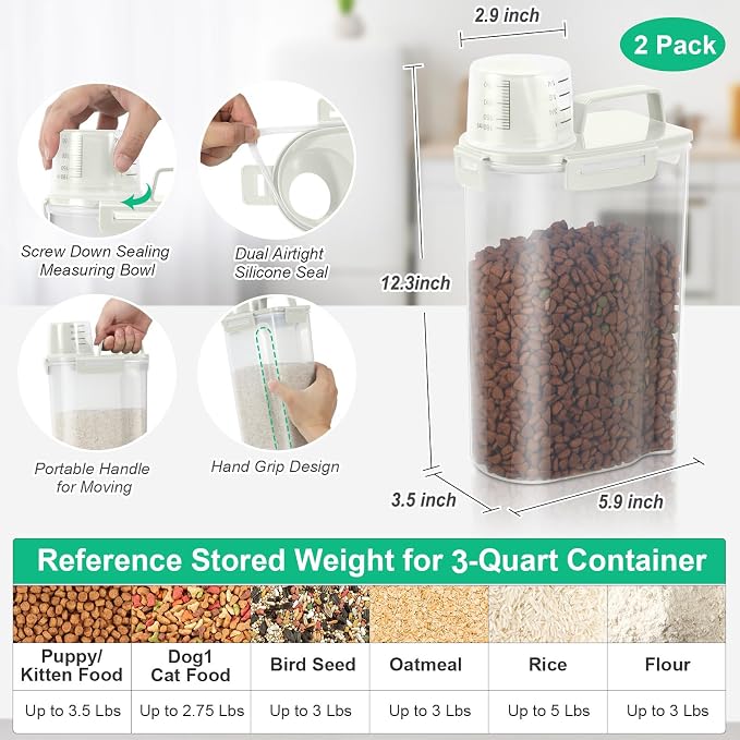 TBMax Small Dog Cat Food Storage Containers 2 Pack, Travel-Friendly Pet Food Container with Spout & Measuring Cup, Kid-Friendly Pet Feeding Dispenser, Portable Dog Treat Bird Seed Container -Beige