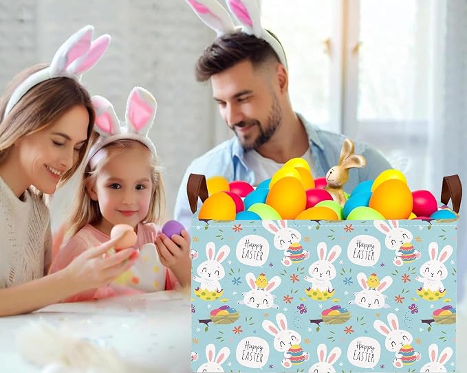 Large Rectangular Easter Baskets Empty Waterproof Boy Toy Box Foldable Kid's Gifts Storage Bin Spring Room Decor(Flower Rabbit Holding Egg)