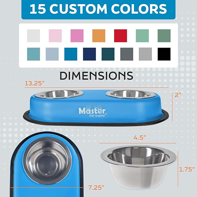 Master Pet Supply Double Dog Bowls Set with Elevated Base and 2 (8 oz) Stainless Steel Removable Dishes (True Blue) – Double Cat Food Water Bowl, Dog Puppy Food Bowl Set, Rust Resistant