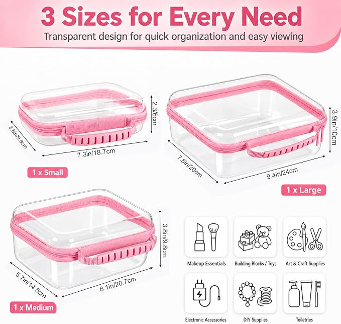 Clear Hard Shell Zipper Case 3PCS Set, 1.2mm PET Travel Organizer | Deep waterproof stackable storage pouches with handle. Heavy duty clear zipper bags for travel, makeup, toys and snacks
