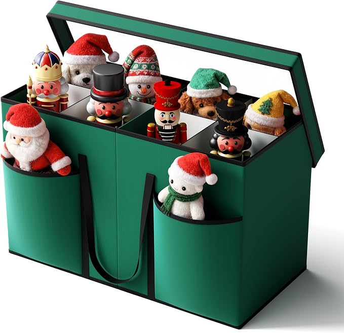 Christmas Figurine Storage Box & Nutcracker Storage Containers with Visible Lid and Dividers, Keeps 8 15"-Figurine Collectibles, Xmas Holiday Decoration Storage Bag, 600D Oxford / Tear-Proof, Green
