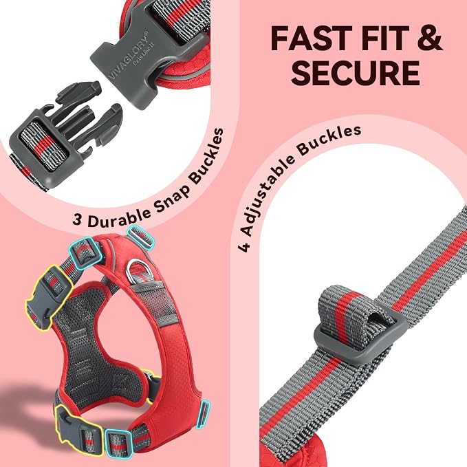 VIVAGLORY No Pull Dog Harness Vest Harness, L, Red - Patterned | with Handle Front and Back Clip for Training & Pulling, No Pull & Escape Proof Padded Adjustable for Pet Puppy