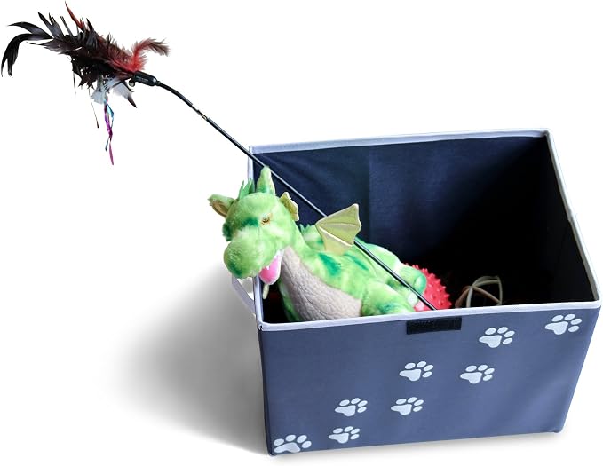 Large Dog Toys Storage Box 16" x 12" Pet Toy Storage Basket with Lid. Perfect Collapsible Canvas Bin for Cat Toys and Accessories Too! (Blue)
