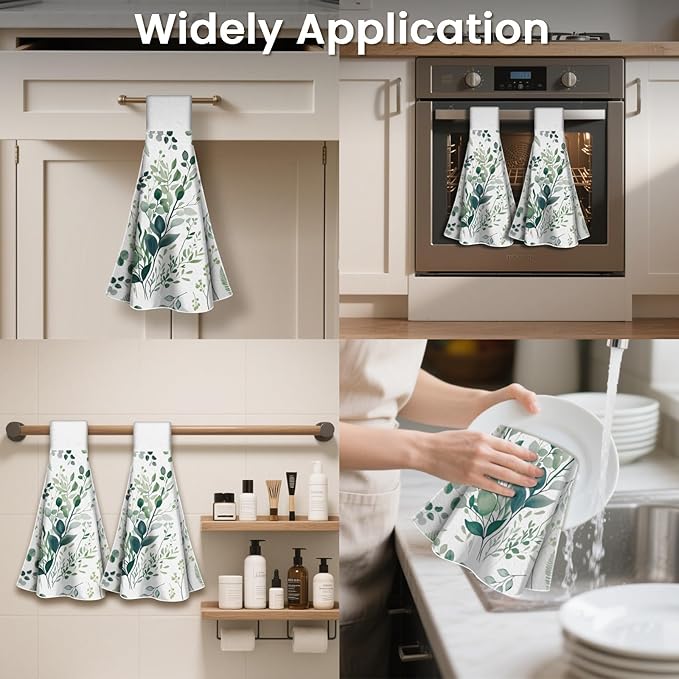 CUTHOLLOW Watercolor Green Leaves Hanging Kitchen Towels with Loop, Set of 2 - Soft & Super Absorbent Microfiber Decorative Hanging Dish & Hand Towel, Tea Coffee Towel for Kitchen Bathroom Oven Handle