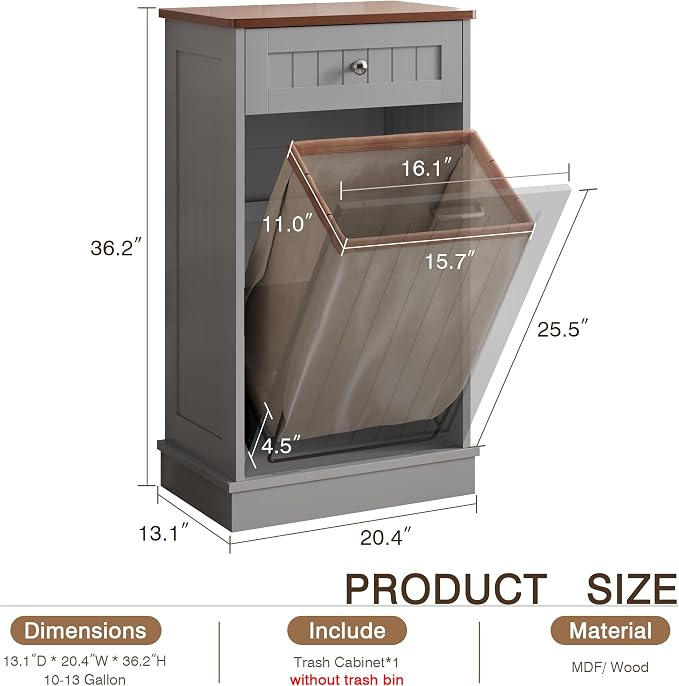 KIGOTY Tilt Out Trash Can Cabinet, Laundry Hamper Cabinet, Kitchen, Gray