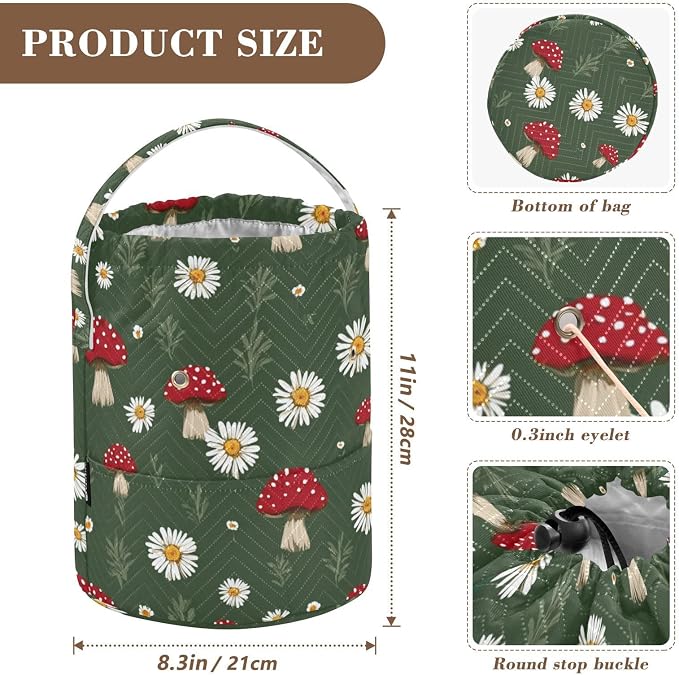 Tatenale Crochet Bag Yarn Bag Knitting Project Bag with Pockets and Handle Portable Yarn Storage Organizer Tangle Free 8.3x11 InchBoho Mushroom Daisy Green08