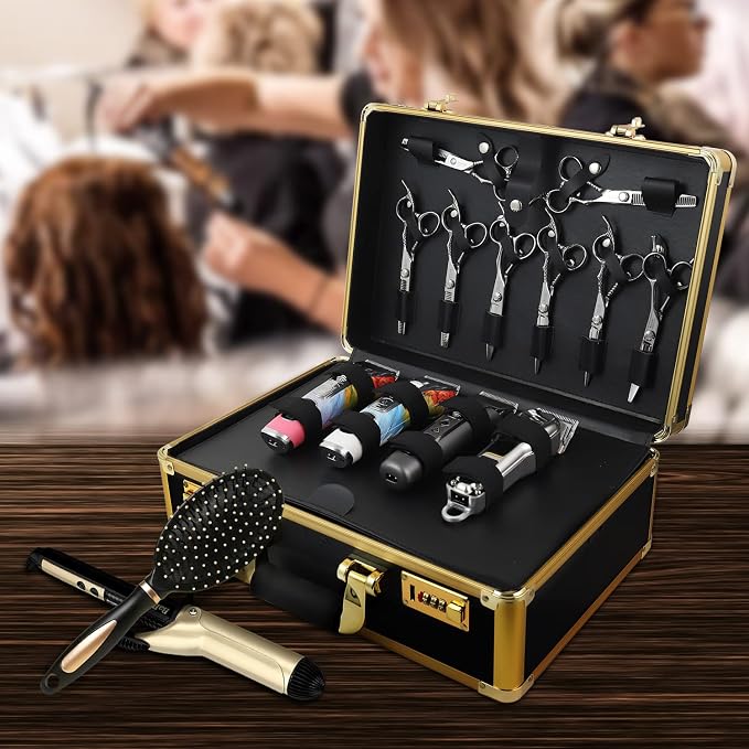 Barber Case Clipper Bag Black, Hair Kit Tool Box Aluminum Organizer with Portable Handle and Secure Numlock for Scissors, Clippers, Barber Supplies 15.8" x 11" x 6.5"