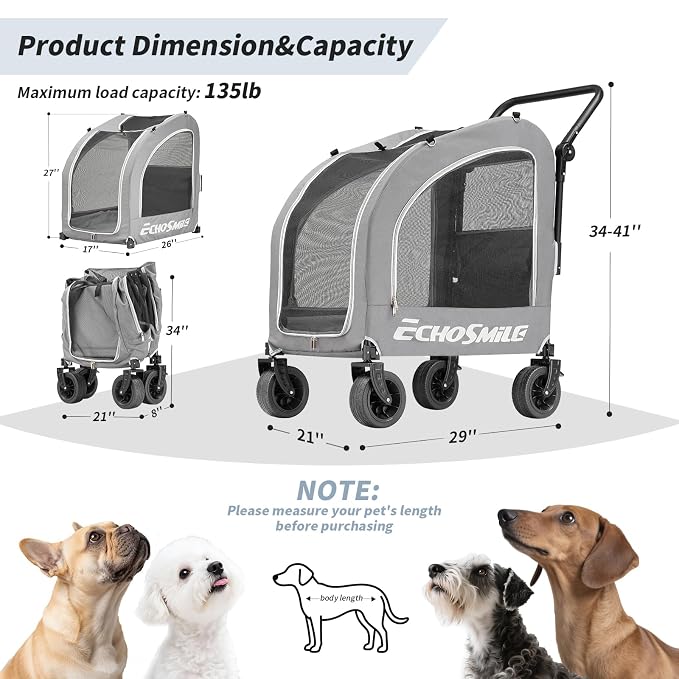 EchoSmile 4-Wheel Pet Stroller for Dogs & Cats, Up to 135 lbs, Grey | Lightweight Carrier · Storage Basket Included · Adjustable Handle · Removable Pad