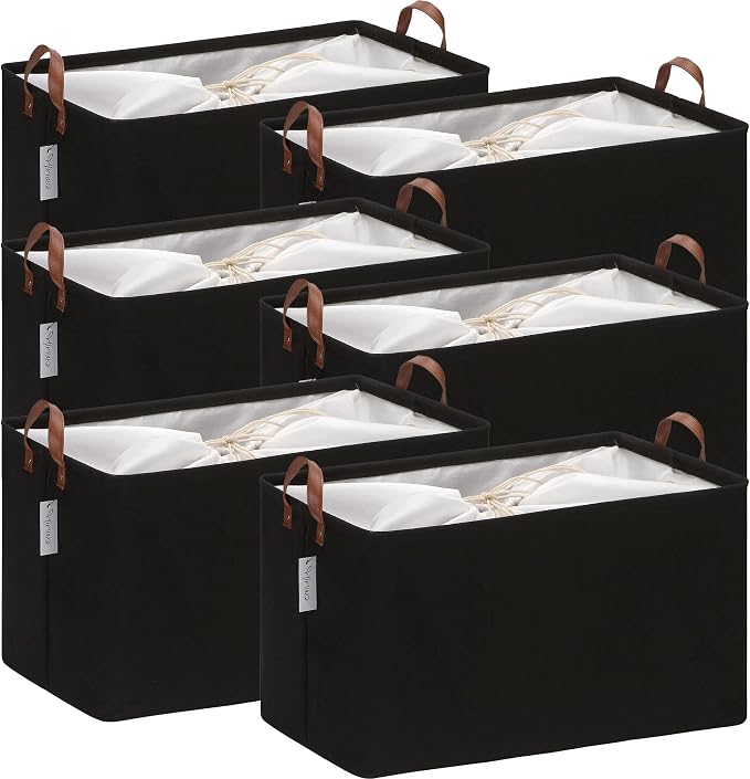 Hinwo 70L Extra Large Canvas Storage Bin with Lid and Handles, 6-Pack | Collapsible Fabric Baskets, Closet Shelf Organizers, Containers for Clothing, Blankets, Toys, Bedding (Black)
