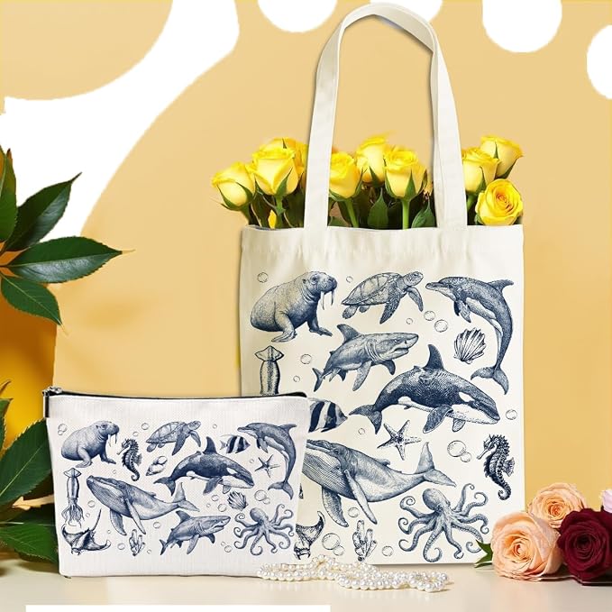 Retro Ocean Animals Turtle Whale Shark Gifts Cosmetic Bags for Women Girls Bestie Lovers Canvas Tote Bag Makeup Bag, Reusable Grocery Bags with Inner Pocket for Gym Beach Birthday Christmas Thank You