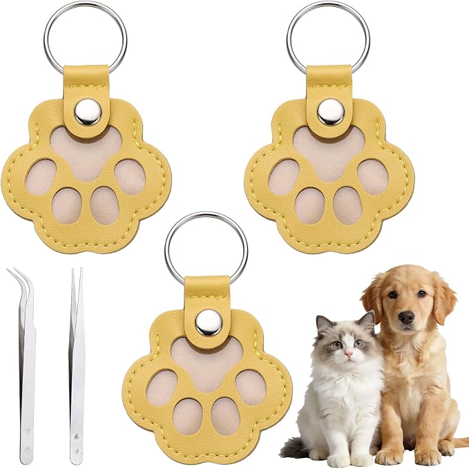 Dog Fur Storage Keychain, Pet Fur Keepsake Keyrings, Paw Shaped, Pet Hair Keepsake Keychains with Tweezers