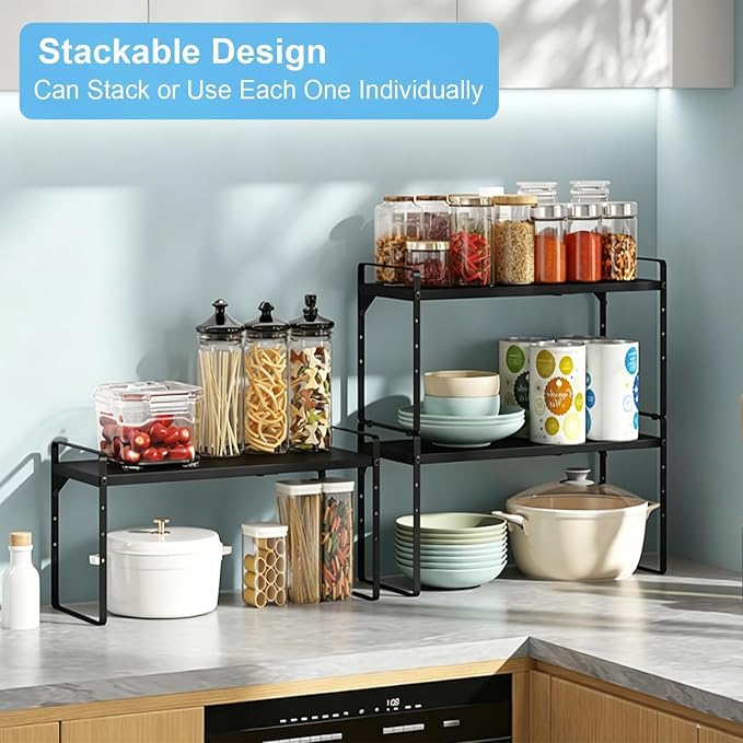 15.5 to 25.5 Inch Kitchen Cabinet Shelf Organizers, Adjustable Kitchen Counter Shelf Organizer, Set of 3 Expandable Countertop Storage Shelves, Stackable Design, 30LBS Heavy Duty, Space Saver