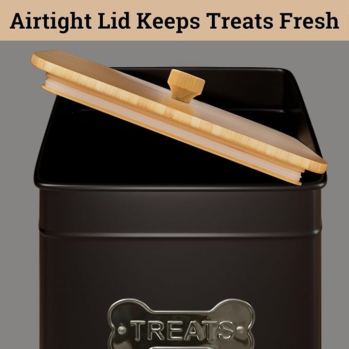 Dog Treat Container Airtight, 6"W x 8"H, Powder Coated, 12 Cup Capacity | Fits All Popular Treats, 12 Cup Capacity, Airtight Bamboo Lid, Easy Open Lid, Dent-Resistant Durable Metal