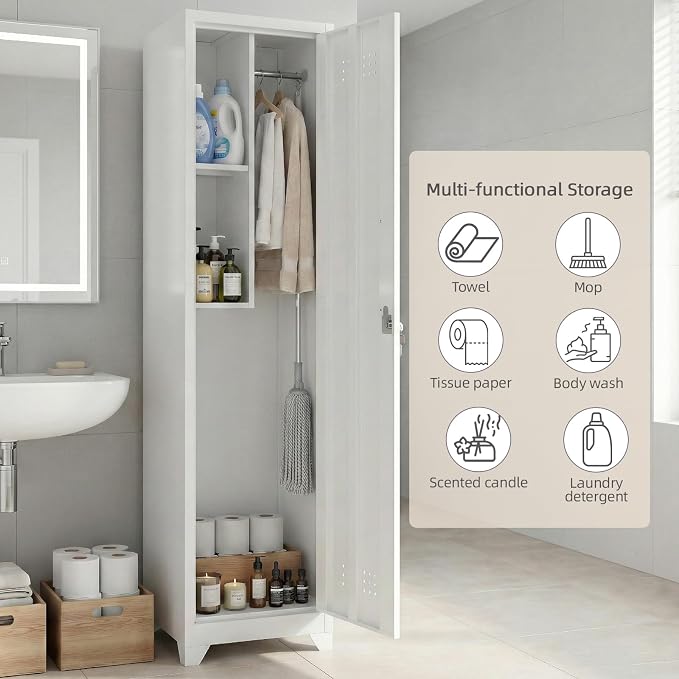 Slim Broom Closet Storage Cabinet, 65" H Metal Cabinets with Lock and Shelves & S-Hooks, Utility Closet, Narrow Storage Cabinets for Home Office, Pantry, Bathroom, Garage, White