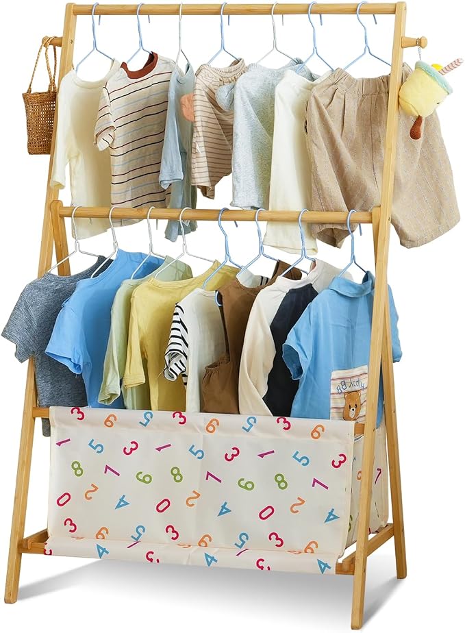 Baveke Kids Clothing Rrack- Kids Dress Up Rack for Little Girls, FSC-Certified Bamboo Kids Clothes Rack, Toddler Dress Up Storage Rack & Folding Costume Rack, Double Rods, Pets Clothes Rack, Number
