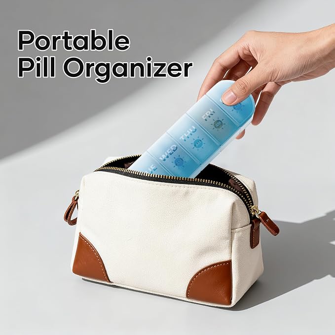 2 Layers Weekly Pill Organizer 2 Times a Day, Travel Medicine Pill Organizer, Pill Box Case 7 Day AM PM, Pill Container for Vitamins, Fish Oil, Supplements and Medication, Blue