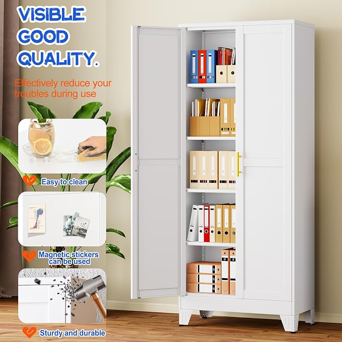 GAIOUS 71''Tall Metal Garage Storage Cabinet,File Cabinet with Door and Adjustable Shelves, Outdoor Steel Tool Cabinet for Home,Office,Warehouse,Garage,White
