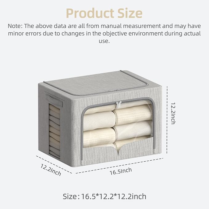 FHSQX 3 Pack Clothes Storage Bins, Light Gray, 16.5x12.2x12.2inch (40L) | Foldable Metal Frame, Stackable, Linen Fabric, Carrying Handles, Clear Window