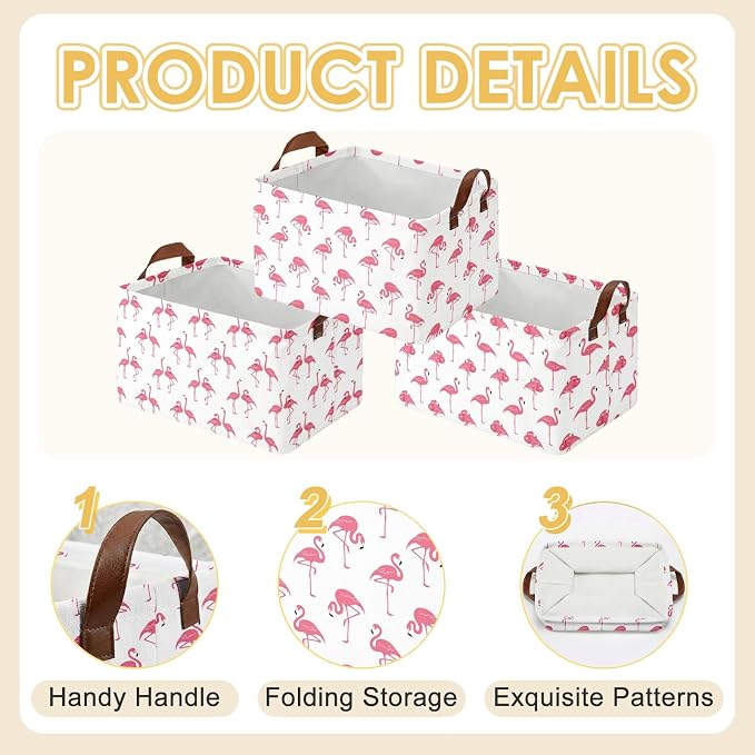 Britimes Flamingo Storage Baskets for Gifts, Toy Storage Bins Box, 3 Pcs | Summer Flamingo Canvas Collapsible Baskets Organizer with Handles Nursery Decor Laundry Basket for Shelves Closet