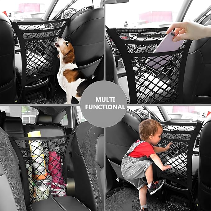 3-Layer Car Mesh Organizer, Seat Back Net Bag Stretchable Barrier of Backseat Pet Kids, Four-Side Elastic Storage Netting Pouch Cargo Tissue Purse Holder Between Front Seats