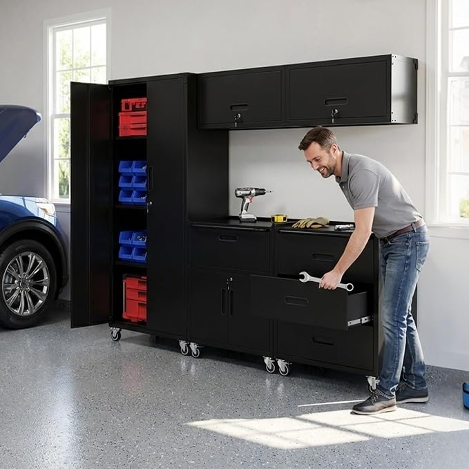 Garage Cabinet System | Heavy Duty Steel All-in-One Modular Garage Cabinet Set for Ultimate Workshop Organization | Easy Assembly Garage Storage Cabinets & Tool Bench