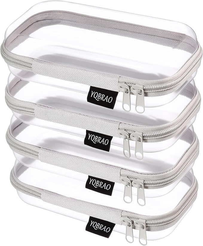 YQBRAO Clear Hard Shell Zipper Cases, 4 Small Cable Organizers, Grey | Rigid 1.2 mm PET and YKK dual zippers for cosmetics, charging cords, pens and travel accessories