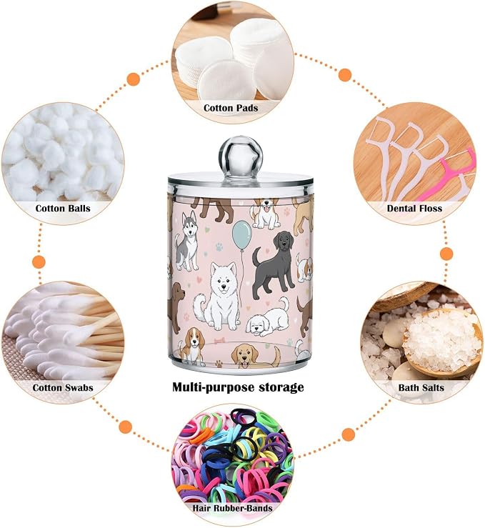 2 Pack Plastic Cotton Swab Ball Pad Holder Cute Pets Dogs Pink Print Jars Bathroom Storage Organizer Holder Canisters with Lid for Cotton Ball Swab Cotton Rounds Hair Clips