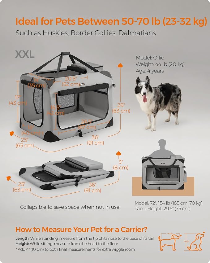 Feandrea Collapsible Soft Dog Crate, Portable Travel Carrier, 32 Inches | Dog Kennel with Safety Zippers, for Indoor and Outdoor Use, Smoke Gray, UPDC090G02