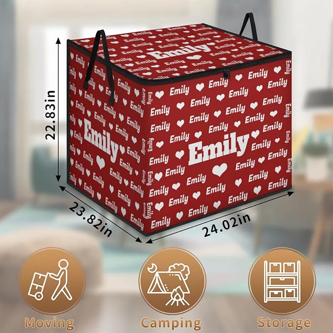 Personalized Name Foldable Storage Basket Cubes with Lid, Laundry Hamper Dirty Clothes Pet Toys Storage Bin with Handles for Shelf Home Closet Kitchen, Solid Red Background with Love Heart