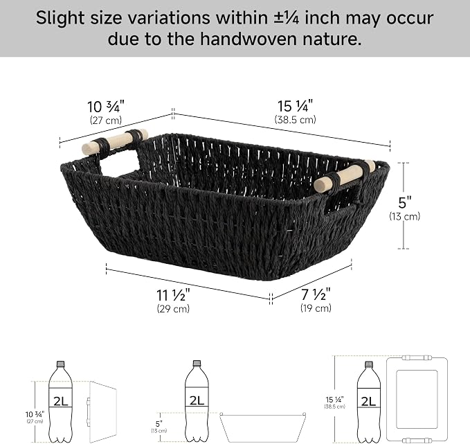 StorageWorks Wicker Baskets, Toilet Paper Baskets for Shelf, Bosana Green | Wicker Storage Baskets for Shelves, Baskets with Wooden Handles, 2-Pack Gifts Basket for Home Decor, Hand-Woven Basket