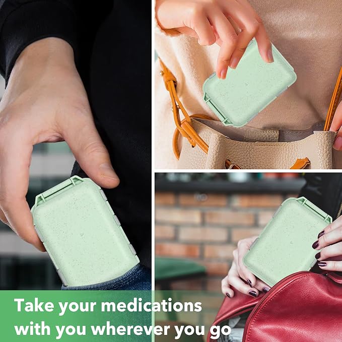 Travel Medicine Organizer with 189 Labels, 7 Day Daily Pill Organizer Travel Pill Container Medicine Organizer Pill Case Travel (Green, 1 Pack)
