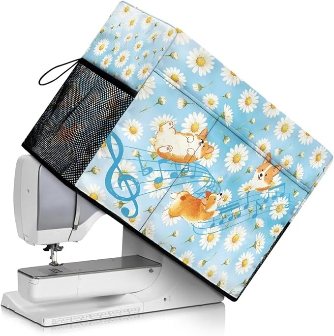 Sewing Machine Cover with Storage Pockets,Corgi Daisy Music Print | Dust & Pet Hair Protection,Fits Standard Singer, Brother and Janome Machines, Protecting & Decorating Your Sewing Space