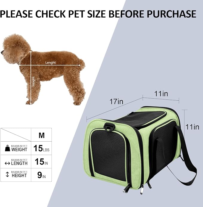 Henkelion Pet Carrier for Small Medium Cats Dogs Puppies up to 15 Lbs, Airline Approved Small Dog Carrier Soft Sided, Collapsible Travel Puppy Carrier - Green (Pack of 2)
