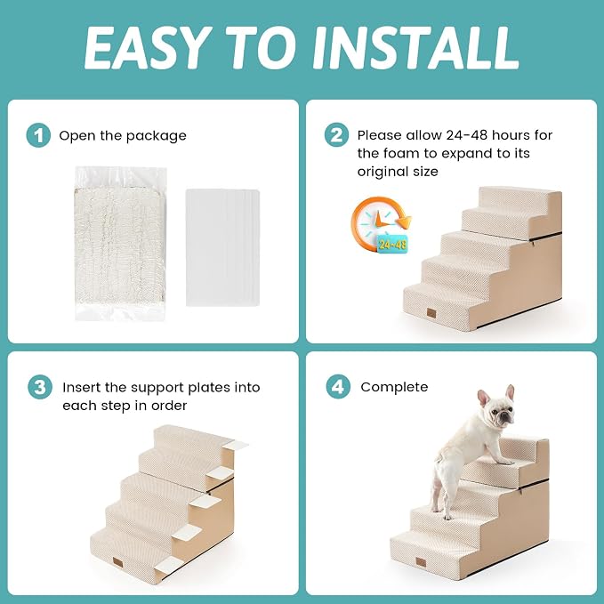 COZY KISS Dog Stairs for Small Dogs, 5 Step Pet Stairs for Beds & Couches | 23.6" H Wide Non-Slip Dog Steps with Removable Tiers & Support Board for Puppies, Older Cats & Dogs, Beige