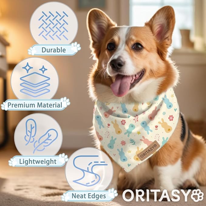 Easter Dog Bandanas, 2-Pack Triangle Reversible Bunny Eggs Pet Scarves, Premium Fabric, Bandana for All Boys Girls Dogs (Classic, One Size)