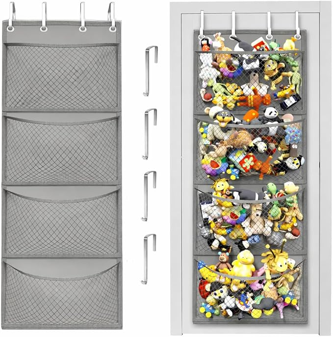 Honeyera Storage for Stuffed Animal - Over Door Organizer for Stuffies, Baby Accessories, and Toy Plush/Easy Installation with Breathable Hanging Pockets (Gray)