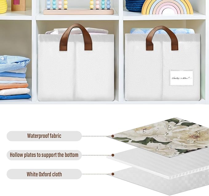 Personalized Storage Basket with Handles&Clear Labels Folding Laundry Basket Floral Custom Name Basket Collapsible Cubes Organizer Bins for Home Wedding Gifts Kids Room Shelf Closet, 2 Pack