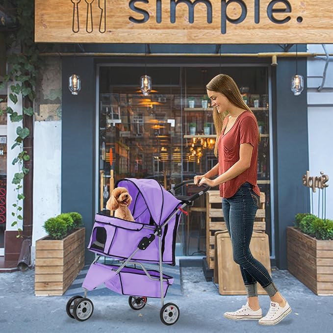 Purple 3-Wheel Folding Cat & Dog Stroller - Waterproof, Cup Holder, Removable Liner - Small & Medium Pets