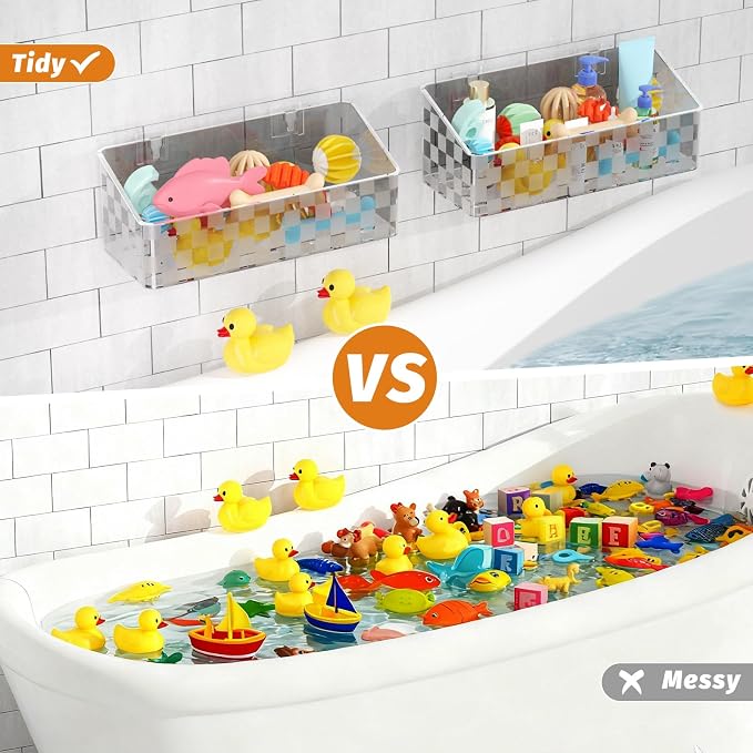 2 Pack Bath Toy Storage Holder, Large Capacity Bath Toy Organizer for Tub | Holder for Bathroom, Bedroom & Kitchen, Organize Shower Toy, Shampoo, Bath & Kitchen Items, ABS Quick-Drying, Sheer Gray