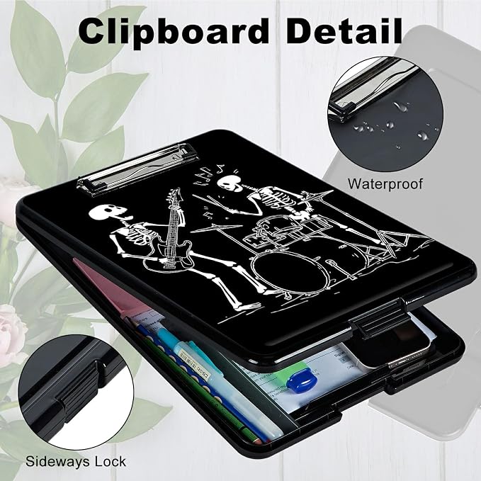 Heavy Duty Storage Clipboard, Slim Nursing Clipboard with Internal Pen Case, Portable File Organizer Case for A4 Letter Size Paper Office Medical Professionals, Guitar Skull