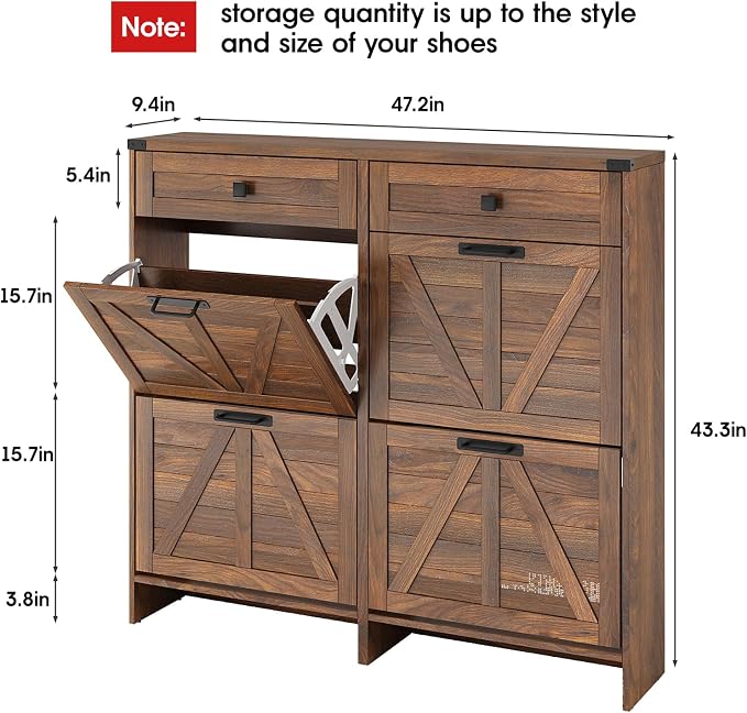 Halitaa Shoe Cabinet with 4 Flip Drawers & 2 Drawers,Farmhouse Shoe Storage Cabinet for Entryway,Slim Freestanding Organizer Rack for Front Door Entrance,Dark Walnut